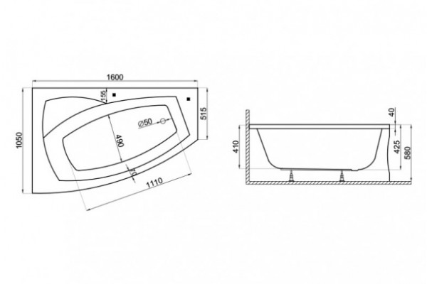 Угловая Акриловая ванна FRIDA2 1600*1050 мм R