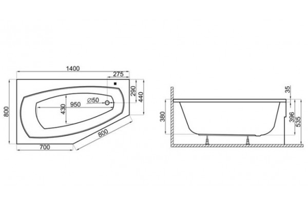Угловая Акриловая ванна MARIKA 1400*800 мм L