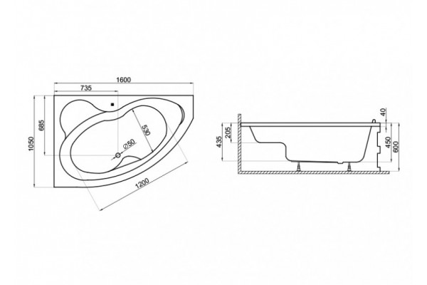 Угловая Акриловая ванна MEGA 1600*1050 мм L