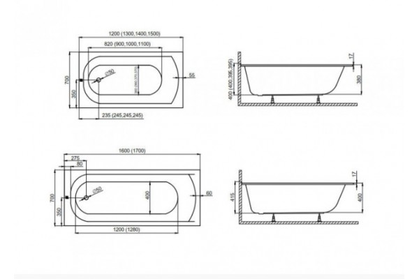 Прямоугольная Акриловая ванна CLASSIC SLIM 1300*700 мм