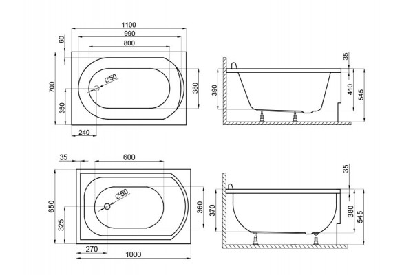 Прямоугольная Акриловая ванна MINI 1000*650 мм