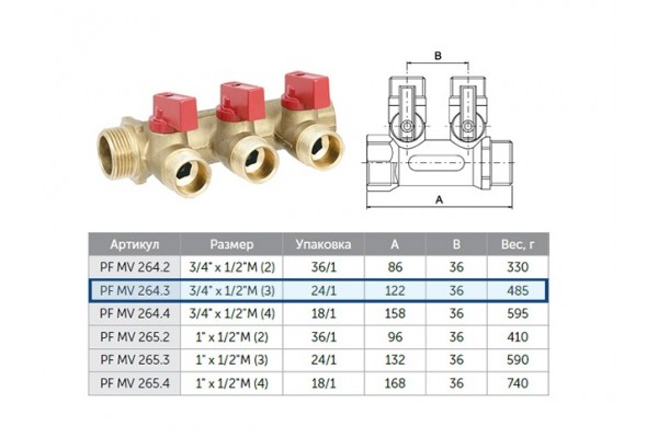 Коллектор для водоснабжения ProFactor PF MV 264.4 3/4*1/2 на 4 выхода